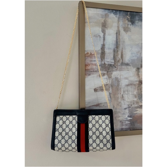 Certified Authentic Vintage Gucci Web Canvas Navy Leather Velcro Clutch, COA - Picture 11 of 12